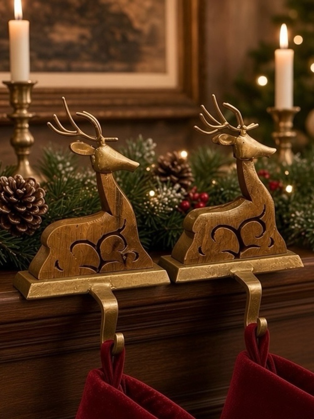 Vintage Pier 1 Reindeer Stocking Hooks Holders Set 2 Wood Cast Metal Christmas